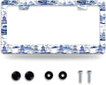 Blue White Porcelain Pattern License Plate Frame Chinoiserie License Plate Frames Funny for Car Decorative Parts Stainless Stee License Plate for Standard Us Canada 12x6 Inch
