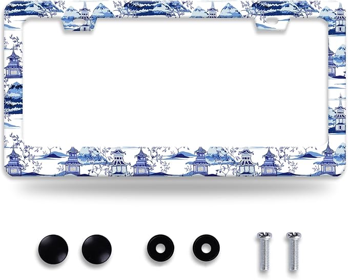 Blue White Porcelain Pattern License Plate Frame Chinoiserie License Plate Frames Funny for Car Decorative Parts Stainless Stee License Plate for Standard Us Canada 12x6 Inch
