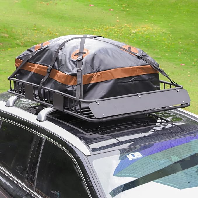 WEIZE Roof Rack Carrier Basket Universal Rooftop 54" x 34" x 6" + Waterproof Bag, Cargo Net with Attachment Hooks, Ratchet Straps for SUV, Truck