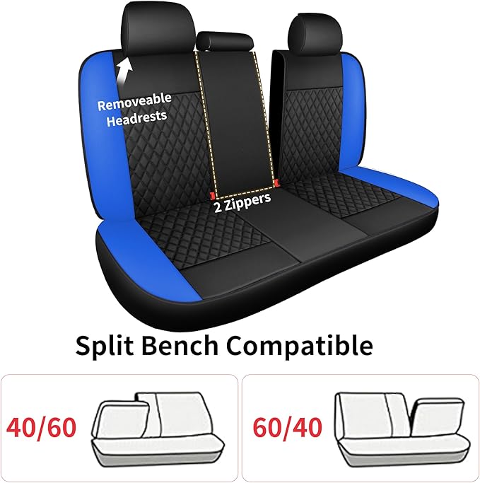 Blue Car Seat Covers,Breathable and Waterproof Seat Cover Full Set,PU Premium Universal Fit Automotive Airbag Compatible for Cars Sedans SUVs Vans and Trucks(Full Seat,Black+Blue,N1)
