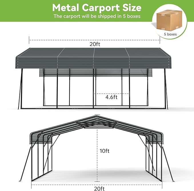 Real Relax 20x20ft Heavy Duty Metal Carport with Galvanized Steel Roof, 4 Support Legs, Outdoor Car Port Shelter for 2 Cars, Trucks and Boats