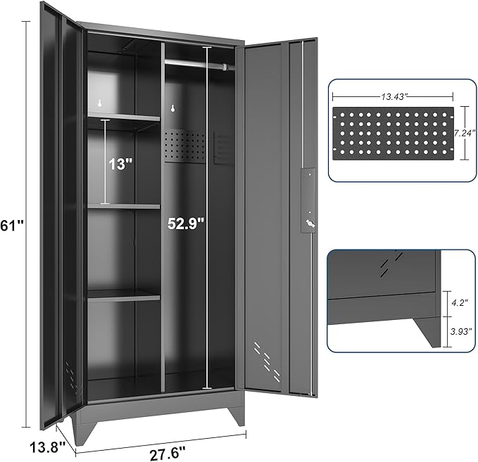 61" H Metal Storage Cabinet, Storage Shed with Shelves for Brooms and mops, Cleaning Supplies Closet with Removable Pegboard for Outdoor, Garage, Utility Room