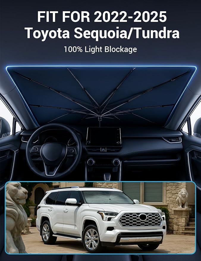 Proadsy Windshield Sun Shade Umbrella for Toyota Sequoia 2023-2025 2026 Foldable Car Umbrella Sunshade with Soft TPU Handle Spring Structure Crystal Cooling Material Protect Car from Rays & Heat