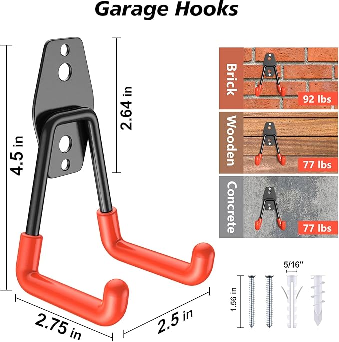 4 Pack 4.5x2.75 inch U Heavy Duty Garage Hooks,Solid Steel Wall Mount Hangers,with Anti-Slip Coating,for Hanging and Organising Ladder,Bike,Ropes,Broom,Garden,Yard and Power Tools
