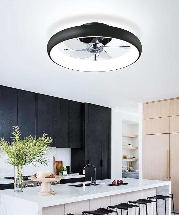 Ceiling Fans with Lights and Remote, 20" Modern Low Profile Ceiling Fan with Light, 2700K-7000K Stepless Dimming Fandelier Flush Mount Led Fan Light and 6 Wind Speeds for Bedroom(Black)