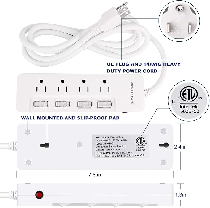 Appliance Extension Cord with Individual Switches on Off - 6 FT, 14 Gauge Heavy Duty Extension Cord with 4 AC Outlets, Wall Mountable, High Wattage for Microwave Workbench Garage Must Have, ETL Listed