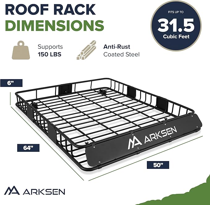 ARKSEN 64 x 50 x 6 Inch Universal Extra Wide 150LB Heavy Duty Roof Rack Cargo with 500D PVC Waterproof Cargo Bag, Car Top Luggage Holder Carrier Basket for SUV, Truck, & Car Steel Construction
