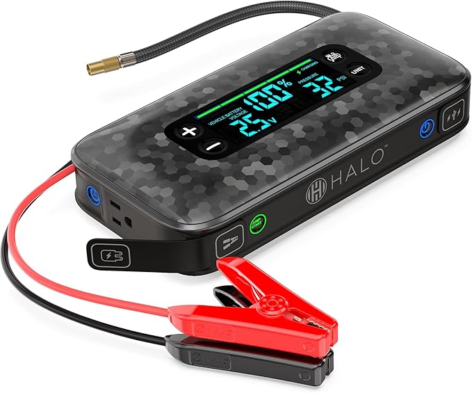 HALO Bolt Ultimate 3 Portable Car Battery Jump Starter | 130 PSI Air Compressor, 55.5Wh USB Power Bank, Large Display, Emergency Floodlight & Charger, Jumps Cars SUVs & Trucks, Inflates Tires — Specks