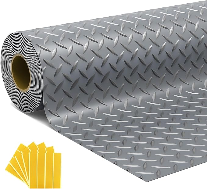 7.5x20 FT Garage Floor Mat, 2.8mm Thickened Flooring Roll with 20Pcs Tapes, Diamond Plate PVC Rubber Trailer Mat, Non-Slip Floor Protector Mat for Garage, Warehouse, Gyms, Trailer(Gray