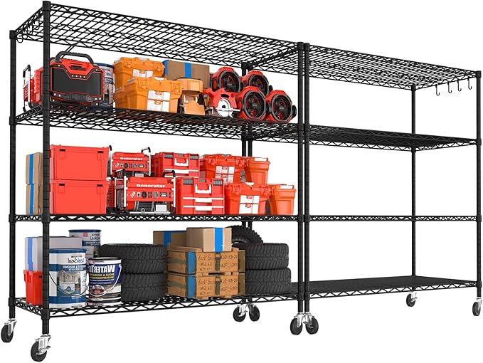 PrimeZone 2 Packs 55.5" W x 24" D x 80" H Heavy Duty Wire Storage Shelves with Wheels, 4 Tier Adjustable NSF Certified Garage Shelving Unit, Rolling Metal Organizer Shelf Rack for Warehouse, Pantry