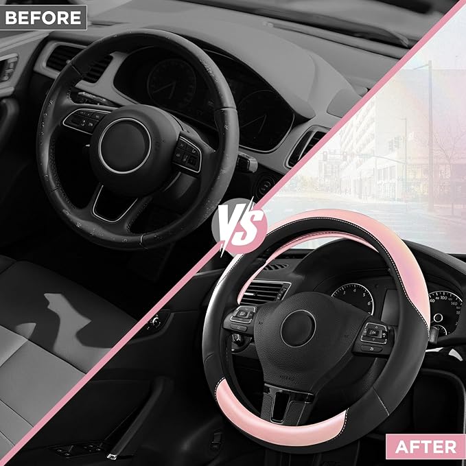Road Comforts Steering Wheel Cover – Breathable Leather Steering Wheel Cover, Anti-Slip Grip, Universal Fit 14.5” to 15”, Heat & Cold Resistant for Cars, SUVs, and Trucks – Black & Pink