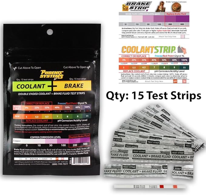 Phoenix Systems 8006-B Double-Ended Brake Fluid + Coolant Test Strips (15 foil wrapped test strips), 1 Pack