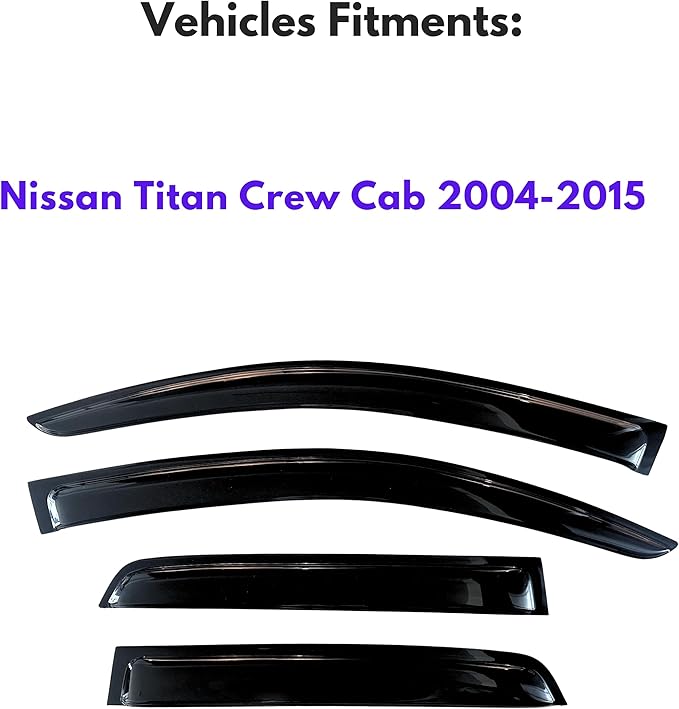 KPY Window Visors Compatible with Nissan Titan Crew Cab 2004-2015, 4PC Rain Guard Side Vent Deflectors Tape-On Style, 2004 2005 2006 2007 2008 2009 2010 2011 2012 2013 2014 2015 (Crew Cab Only)