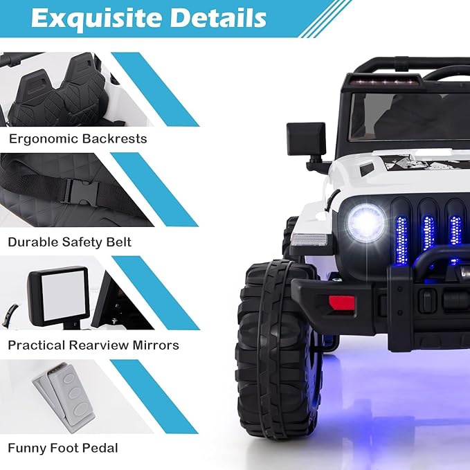 INFANS Kids Ride on Car Truck with 2.4G Remote Control, 12V Battery Powered Electric Cars for Kids w/3 Speeds, Battery Display, LED Lights, Safety Belt, Music & Horn, Bluetooth/FM/USB (White)