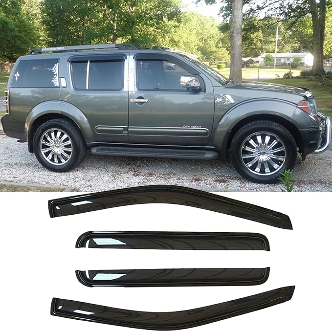 4pcs Side Wind Deflector,Out-Channel Tape On Sun Rain Guards, Dark Smoke Nice Looking Window Visor fit for 2005-2012 Nissan Pathfinder 94512