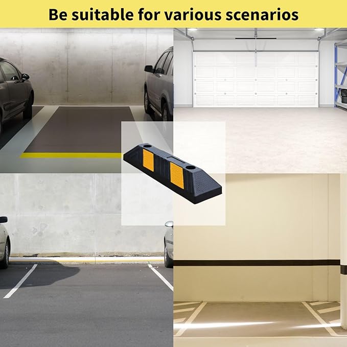 Heavy-Duty Parking Curb Wheel Stop - Driveway Vehicle Stopper for Cars, Trucks & RVs - Durable Rubber Car Barrier with Reflective Strip - Garage & Parking Lot Safety Curb Ramp (21" - 4Pack)