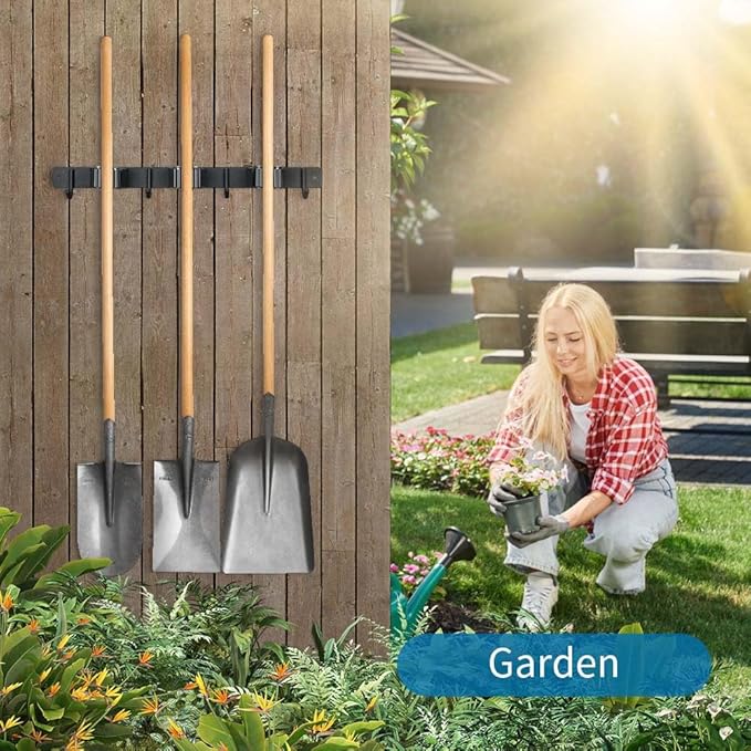 Broom Hanger and Mop Holder, Heavy Duty Garden Tool Organizer Rack Rake and Shovel Handle, Stainless Steel Wall Mounted Utility Rack with Screws (4 Racks with 5 Hooks, Matte Black).