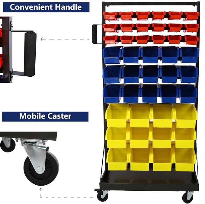 90 Parts Bin Rack Garage Storage Unit 9 Tiers System Steel Shelf with Portable Wheels, Mobile Tool Organizer Plastic Bins, for Men Birthday Gift (9 Tiers)