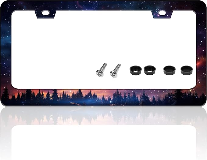 Starry Sky Galaxy License Plate Frame Beautiful Night Forest Funny License Plate Holder for Front or Rear Car Tags Durable Stainless Steel Car Decoration with Screws 6.3 X 12.2 in for Men Women