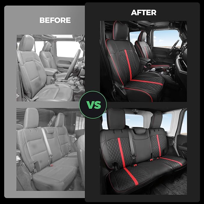 for Jeep Wrangler Seat Covers 4Door JL 2018 2019 2020 2021 2022 2023 2024 2025, Custom Car Seat Cover Full Set, Luxury Waterproof Leather Seat Protectors, Black Red Trim, W/O Rear Cup Holder