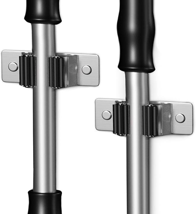 Self Adhesive Broom and Mop Holder Wall Mounted – SUS304 Stainless Steel 2-Slot Organizer with Anti-Slip Rubber Grips, 25lb Load, Adjustable for 0.6–1.4" Handles, Garage Kitchen Bathroom Use, 2 Pcs