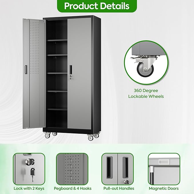 Garage Storage Cabinet with Pegboard and 5 Adjustable Shelves, 71'' x 32'' x 16''Metal Lockable Cabinet with Magnetic Doors,Tool Storage,Home Office Garage,Gym,School (Black-Grey)