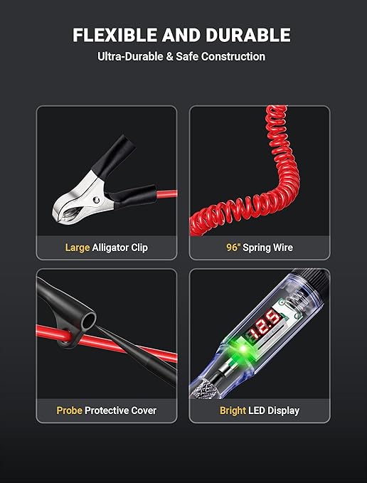 Automotive Test Light with 5-120V LED Digital Voltage Display, Circuit Tester Automotive with Voltmeter & Dual Color Polarity Indicator, Electrical Test Pen with Long Probe for Car RV Fuse Checker
