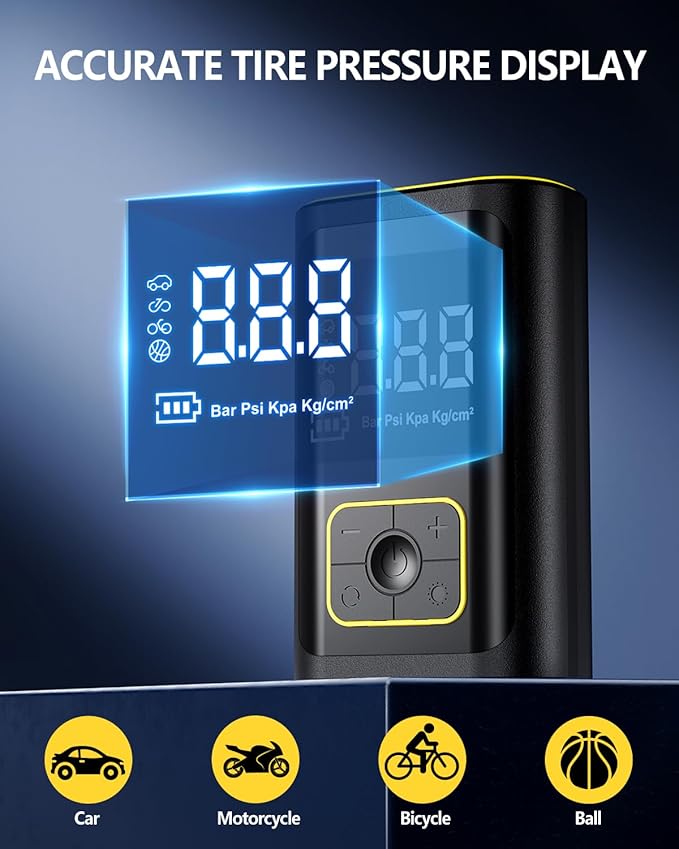 GEARGO Portable Tire Inflator Air Compressor 150PSI Cordless Air Pump for Car, Motorcycle, Bicycle Tires, Balls, 3X Faster Auto Smart Air Pump with Digital Pressure Gauge, LED Light, Black Yellow