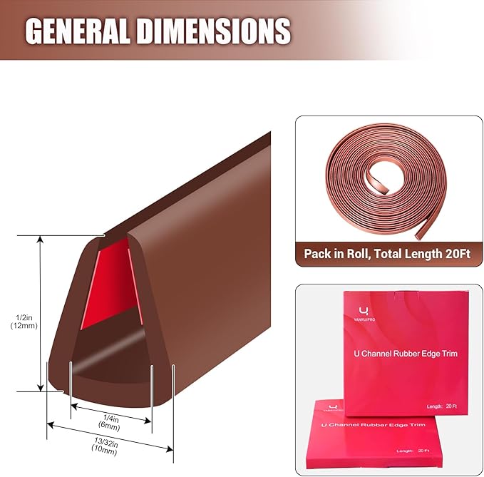 Rubber Edge Trim, Flexible Edge Trim for Sharp Edge, 1/4" U Channel Edge Protector, Self-Adhesive Edge Guards for Plywood, Glass, Flexi-Glass and Sheet Metal Parts, 20Ft, Brown Color
