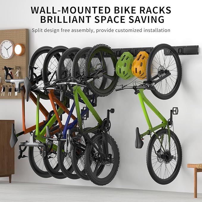 Bike Storage Rack 48Inch for 6 Bikes + 5 Helmets, 500lbs Capacity, Heavy Duty Steel Bicycle Wall Mount Hanger for Garage Storage, Bike Hooks, Bicycle Storage, Bike Wall Mount, Black