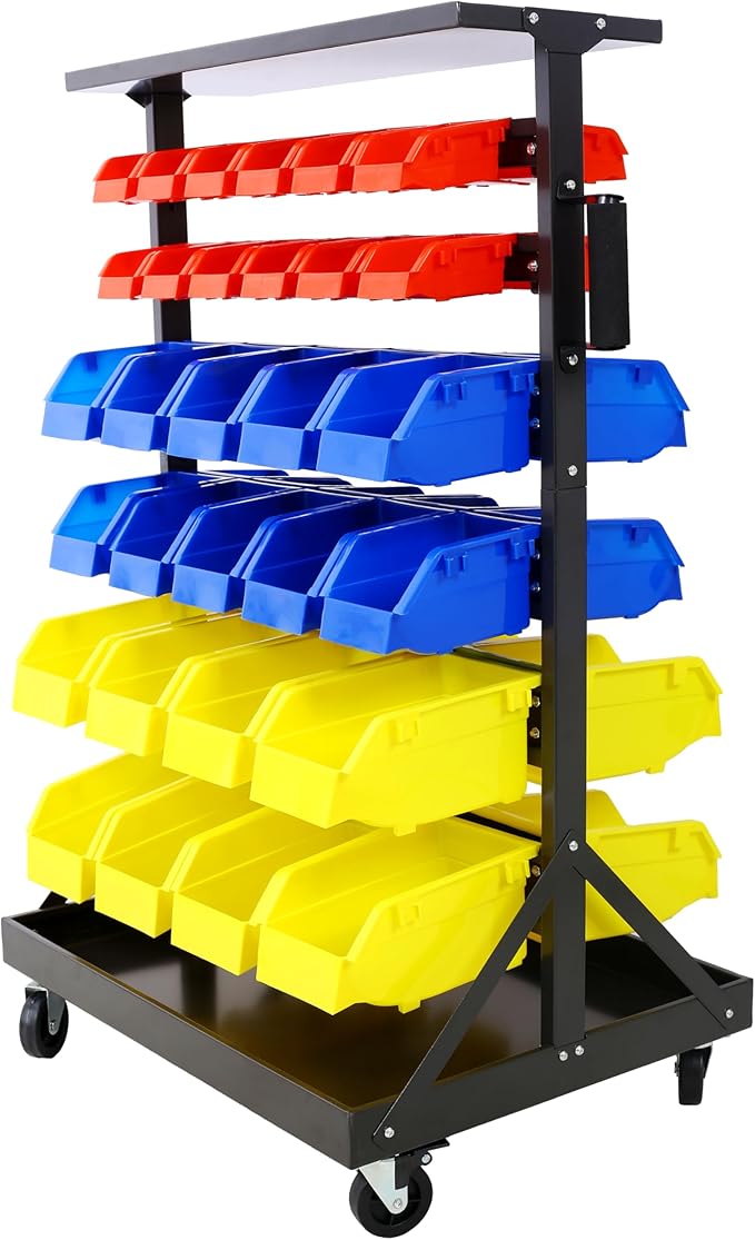 60 Parts Bin Rack Garage Storage Unit 6 Tiers System Steel Shelf with Portable Wheels, Mobile Tool Organizer Plastic Bins, for Men Birthday Gift (6 Tiers)
