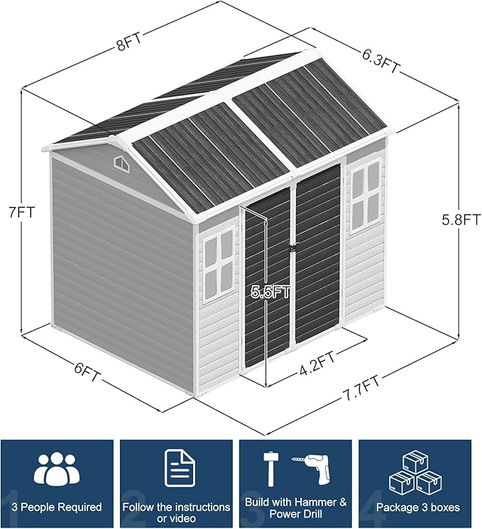 Resin Storage Shed with Floor 8x6x7 FT Outdoor Waterproof Wider Door Plastic Sheds Kit for Backyard Garden Patio Lawn Tools, Gray