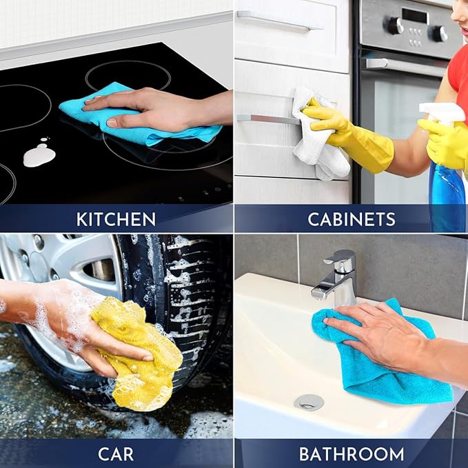 GLIMGLINT Microfiber Cleaning Cloth, 12 Pack Cleaning Rags, Cleaning Towels with 3 Color Assorted, 14"X12"(Yellow/White/Blue)