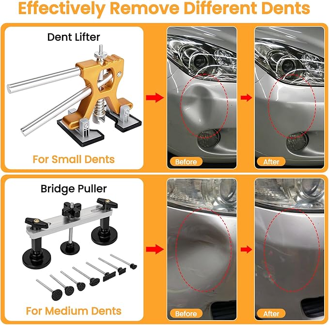 134PCS Dent Puller, Paintless Dent Removal Kit – All-in-One Car Dent Puller Kit with Slide Hammer 2 in 1 T-Bar, Golden Lifter, Bridge Puller–Dent Repair for Hail, Dings