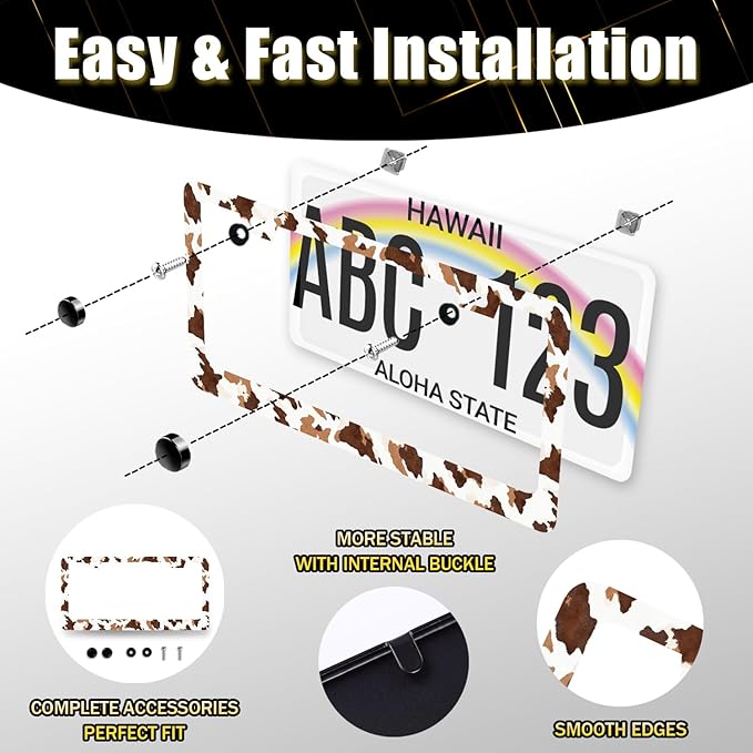 Brown White Cows Print License Plate Frame Animals License Plate Holder Stainless Steel Funny Design with 2 Holes and Screws 12.3" x 6.3"