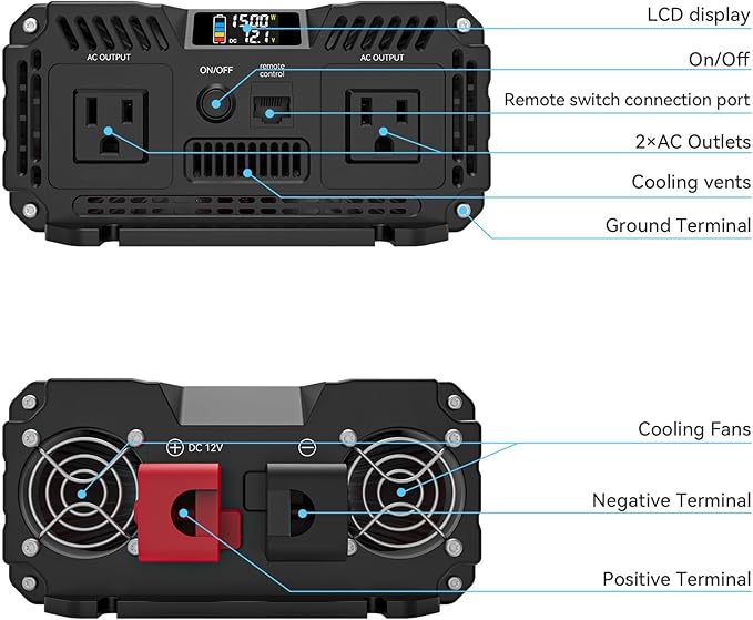 ALLWEI 1500W Pure Sine Wave Inverter 12V DC to 110V AC Converter, Surge 3000W | Power Inverters for Vehicles with 2 AC Outlets, RV Truck Boat Home Outdoor & Off-Grid Solar Inverter, Smart LCD Display