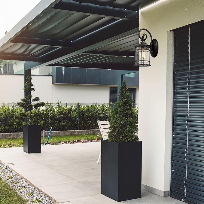 Emliviar Modern Outdoor Wall Lantern - Exterior Carriage Light for Garage Front Porch with Seeded Glass Shade, 15.5 Inch Height, Black Finish, XE229B BK