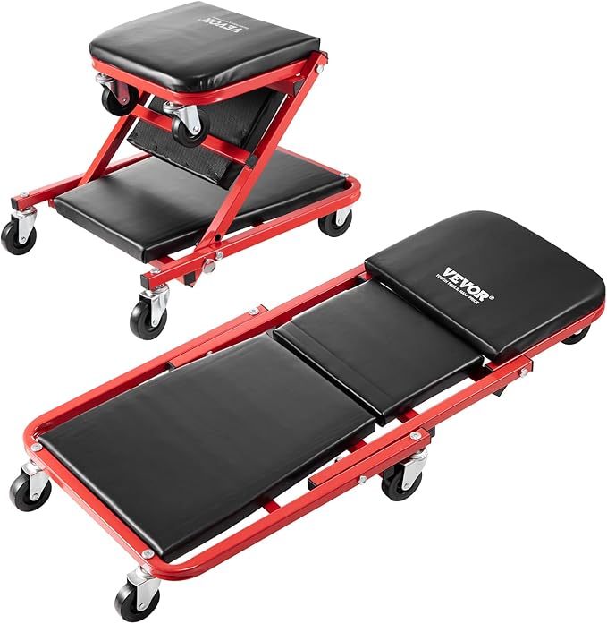 VEVOR Foldable Z Garage Creeper, 36 in, 300 lbs Load Capacity Rolling Folding Mechanic Creeper Stool, with 6 Wheels Tool Tray Padded Seat Steel Frame, Lay Down or Sit Chair for Garage Shop or Home