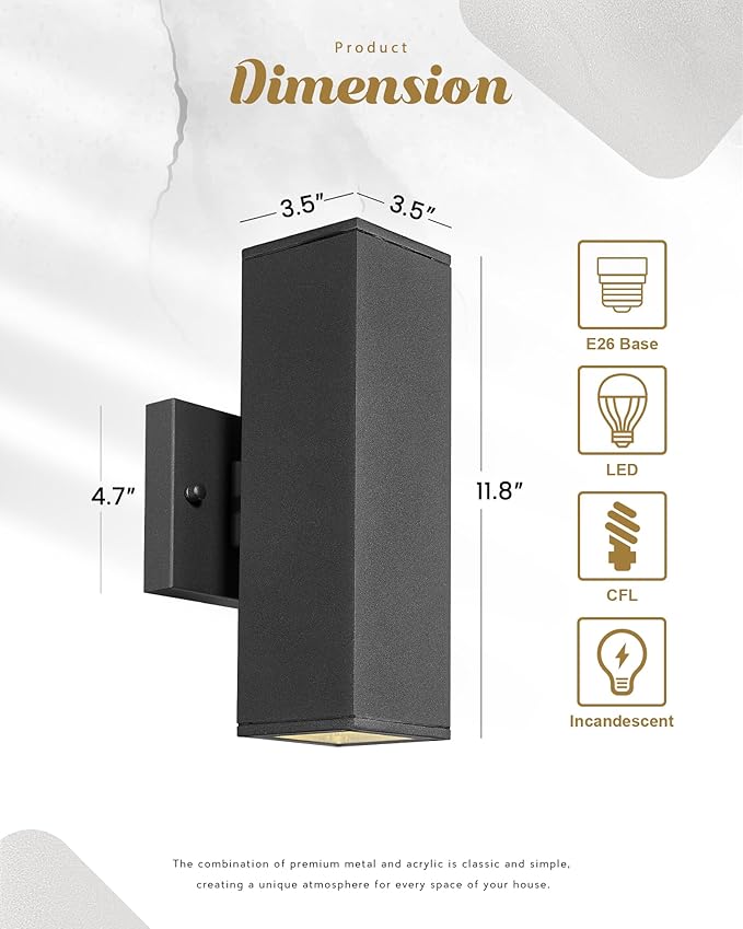 Ken & Ricky Dusk to Dawn Outdoor Lighting, Modern Exterior Wall Lights, Aluminum Waterproof, Black Up and Down Outdoor Porch Light with Glass Cover, KR3324-W-1PK-B