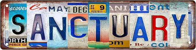SANCTUARY Non-Embossed Vintage Metal Tin Street Sign Bar Cafe Garage Cave Home Room Wall Bathroom Farmhouse Garden Porch Patio Decor, 16 x 4 Inch