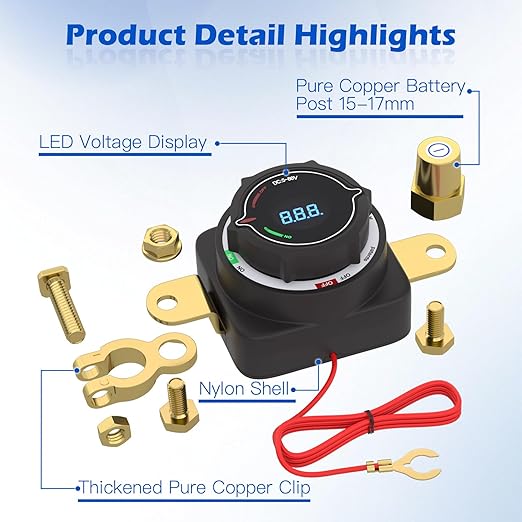 MaySpare Top Post Battery Disconnect Switch with Digital Voltage Display, DC 5-80V On Off Kill Switch, Voltmeter Power Cut Master Disconnect Isolator for Car RV Marine Boat Camper Truck Trailer