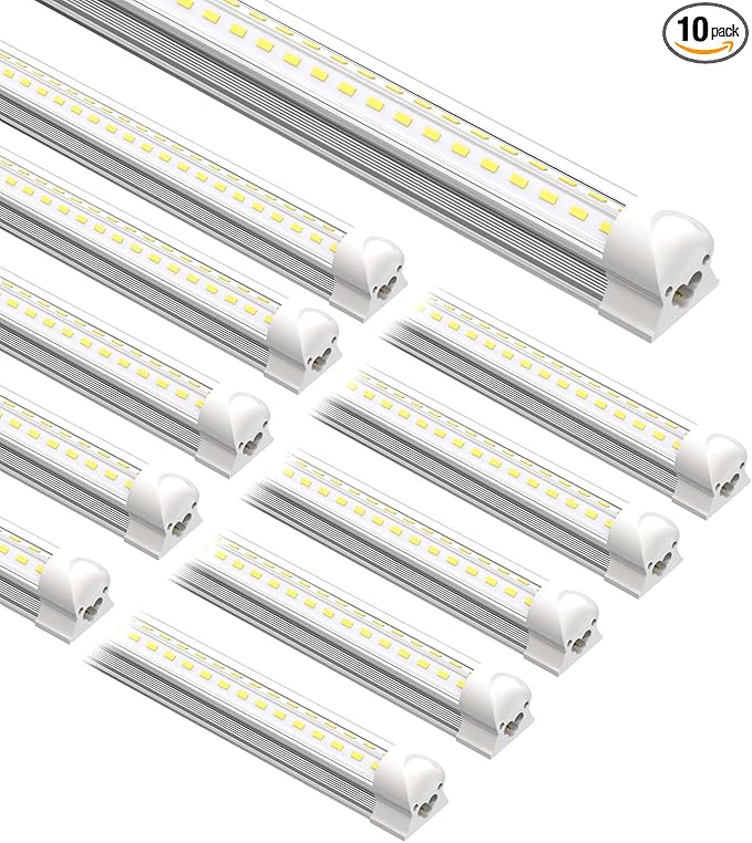8FT LED Shop Light Fixture,100W 15000LM 6500K,V Shape Linkable T8 Tube Lights with Clear Cover,High Output Plug & Play for Garage/Warehouse/Workshop,10 Pack