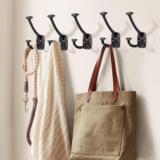 Large Wall Double-Sided Hook 5 Pack Oil Rubbed Bronze Hook Decorative Heavy Duty Solid Large Coat Hooks for Towel Hanging Coats Robe Towel Bags Door Back 2 Prong Hooks