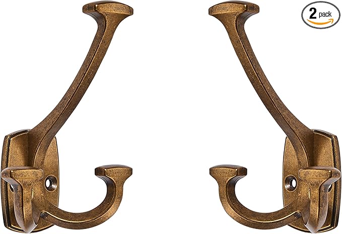 Large Wall Double-Sided Hook 2 Pack Antique Brass Hook Decorative Heavy Duty Solid Large Coat Hooks for Towel Hanging Coats Robe Towel Bags Door Back 2 Prong Hooks