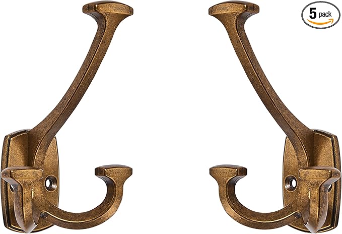 Large Wall Double-Sided Hook 5 Pack Antique Brass Hook Decorative Heavy Duty Solid Large Coat Hooks for Towel Hanging Coats Robe Towel Bags Door Back 2 Prong Hooks