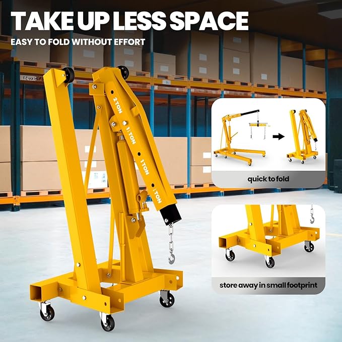 2-Ton Folding Hydraulic Engine Hoist with Lever, Heavy-Duty Engine Crane Cherry Picker with 6 Casters, Shop Lift for Garage, Workshop & Warehouse, Yellow