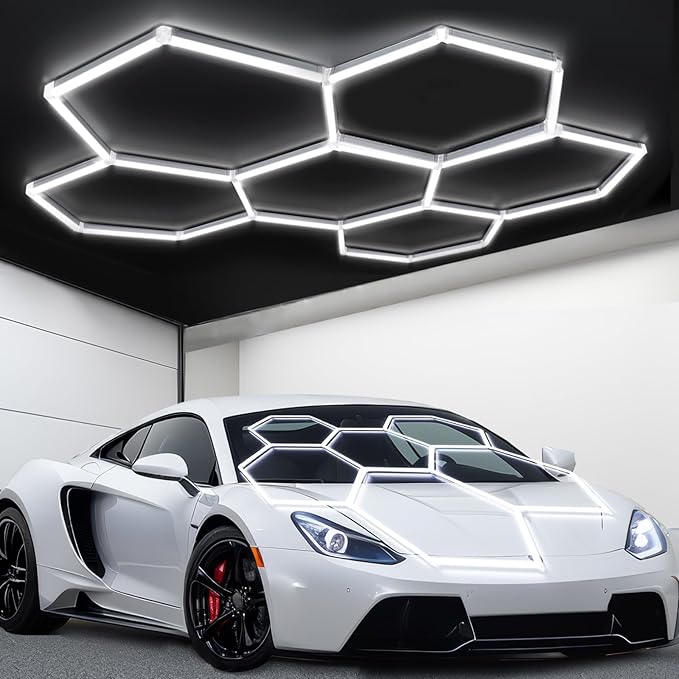 tewei Hexagon LED Garage Light, 6 Grids Hexagon Car Detailing Lighting Fixture 6500K Daylight White LED Shop Light, 265W, 26500LM Super Bright Ceiling Lights for Workshop, Warehouse, Gym, Basement