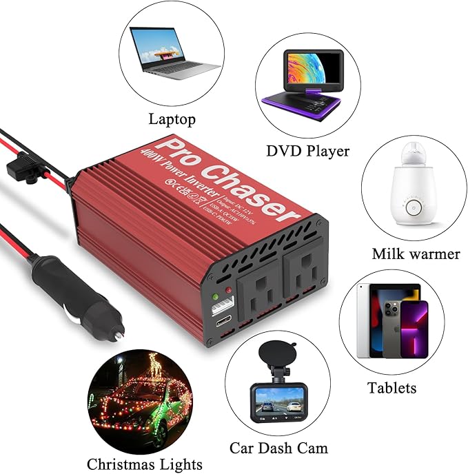Pro Chaser 400W Vehicle Power Inverter - 12V DC to 110V AC Car Converter, Dual AC Outlets, USB-A QC 18W & USB-C PD 65W Ports, Road Trip Charging Companion with Replaceable in-Line Fuse