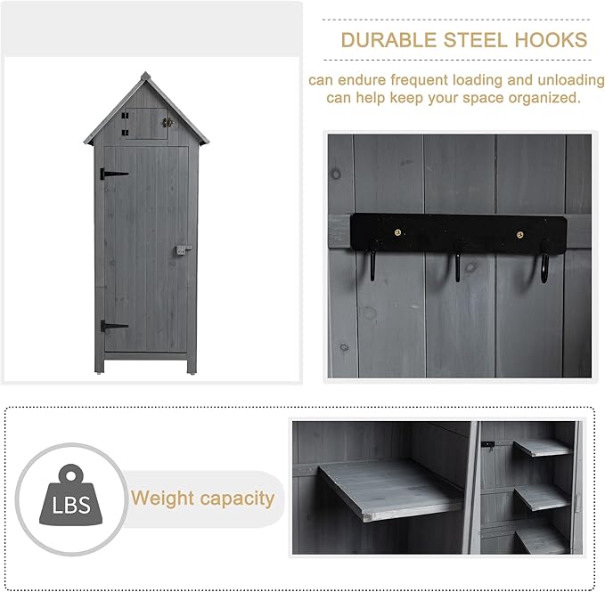 30.3" L X 21.3" W X 70.5" H Outdoor Storage Shed with Waterproof Roof, Solid Fir Wood Frame, and 3 Compartments for Garden Tools, Mower, and Hose,Grey