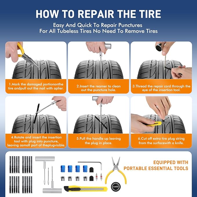 Tire Repair Kit,50PCS Tire Inflator Portable Air Compressor with 24000mwh Cordless Air Pump (150 PSI) for MPVs, Cars, E-Bikes and Motorcycles